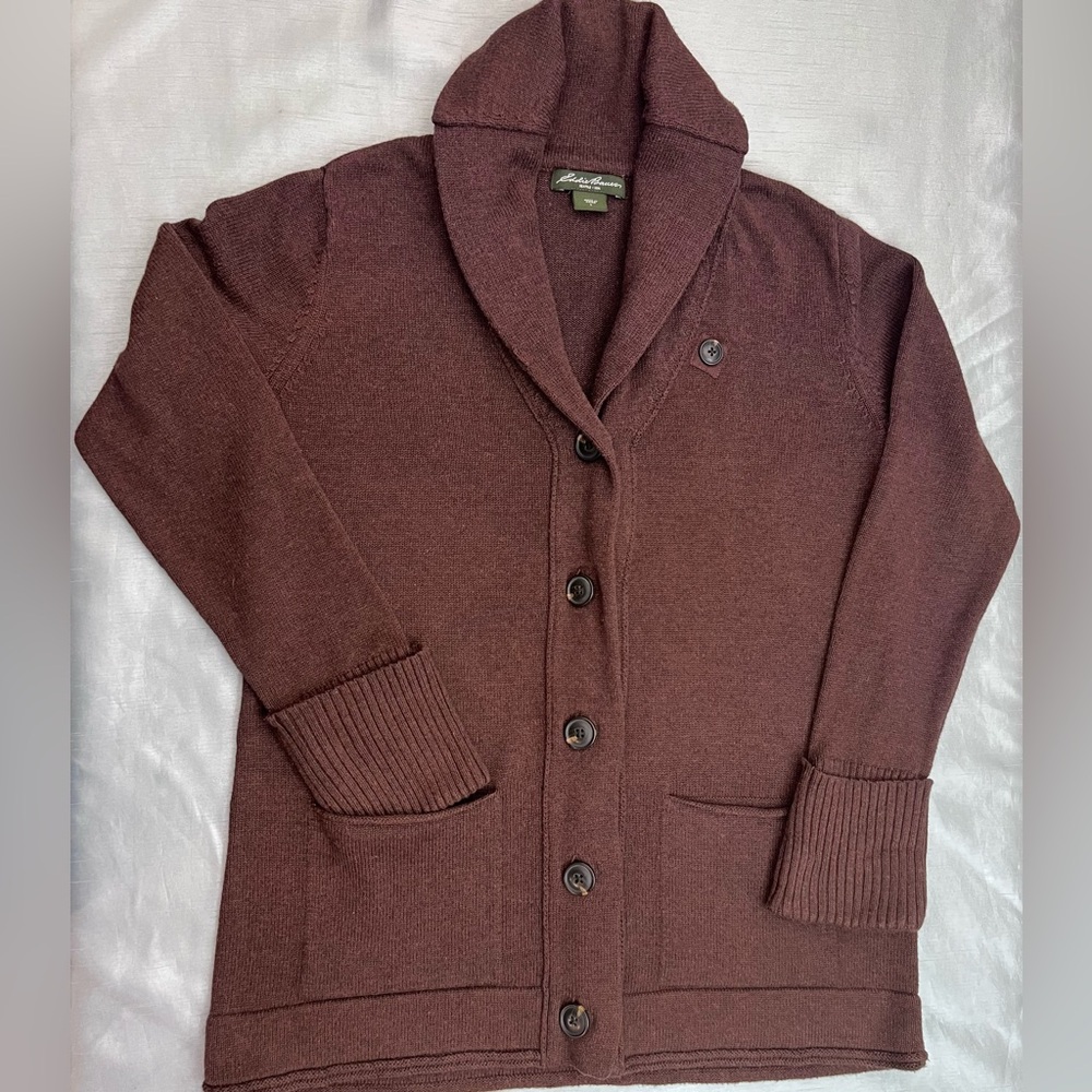 Eddie Bauer Women’s Shawl Collar Knit Cardigan Sweater Brown Button Front size L